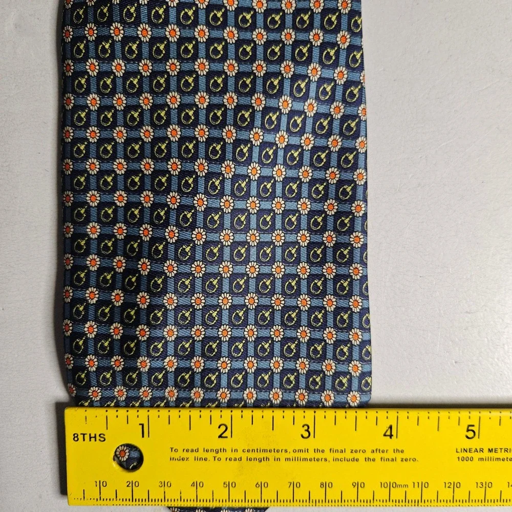 Mens Silk Tie Navy Blue Floral Daisy Equestrian Bit Geometric Hand Made in Italy